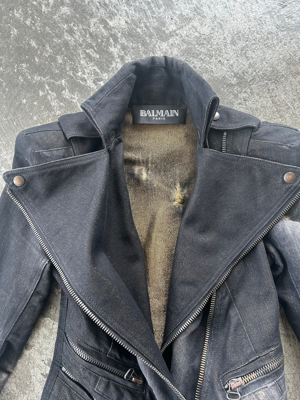 Balmain AW11 Gold Distressed Biker Jacket