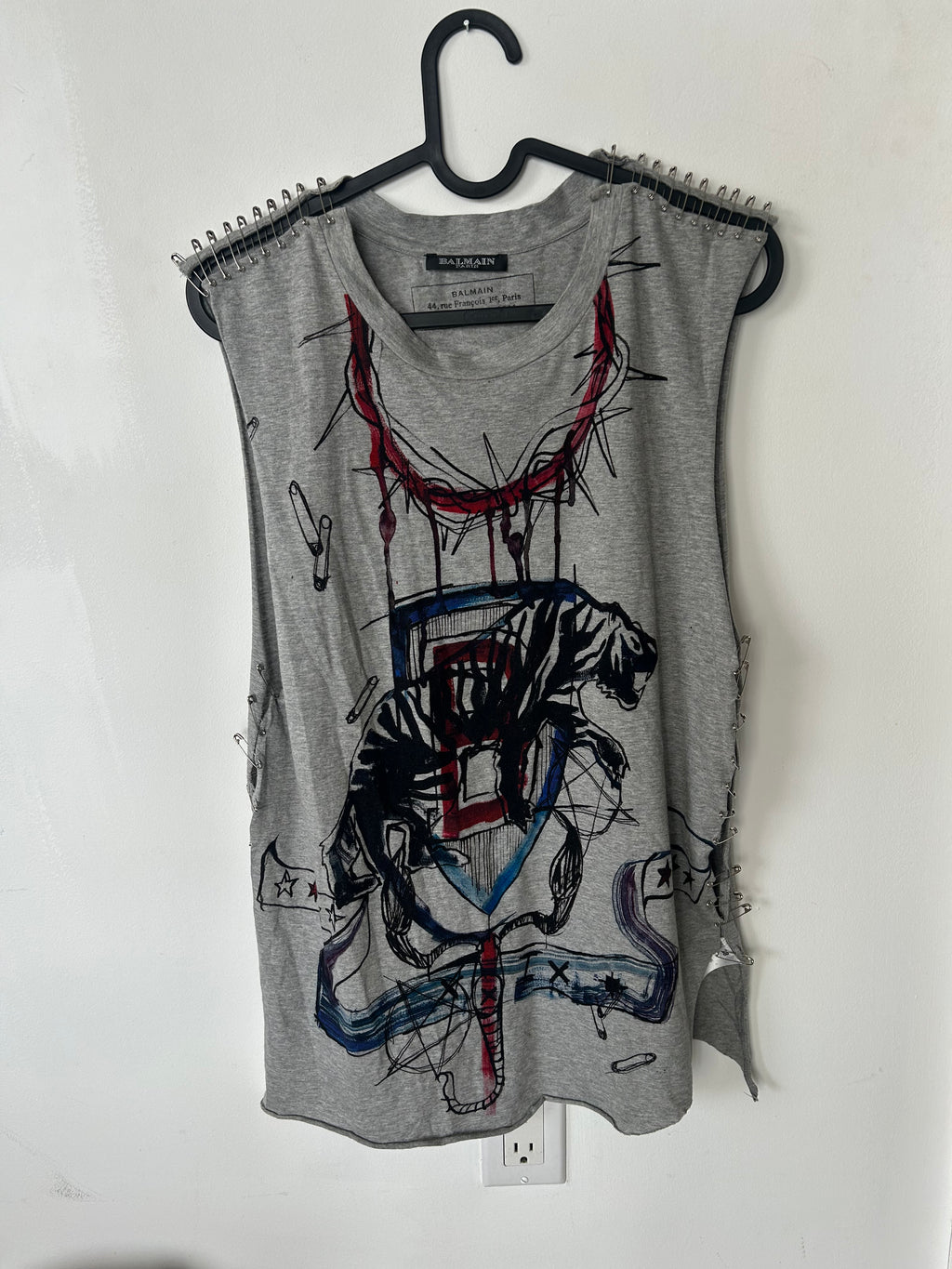 Balmain SS11 Graffiti Tiger Safety Pin Tank Top
