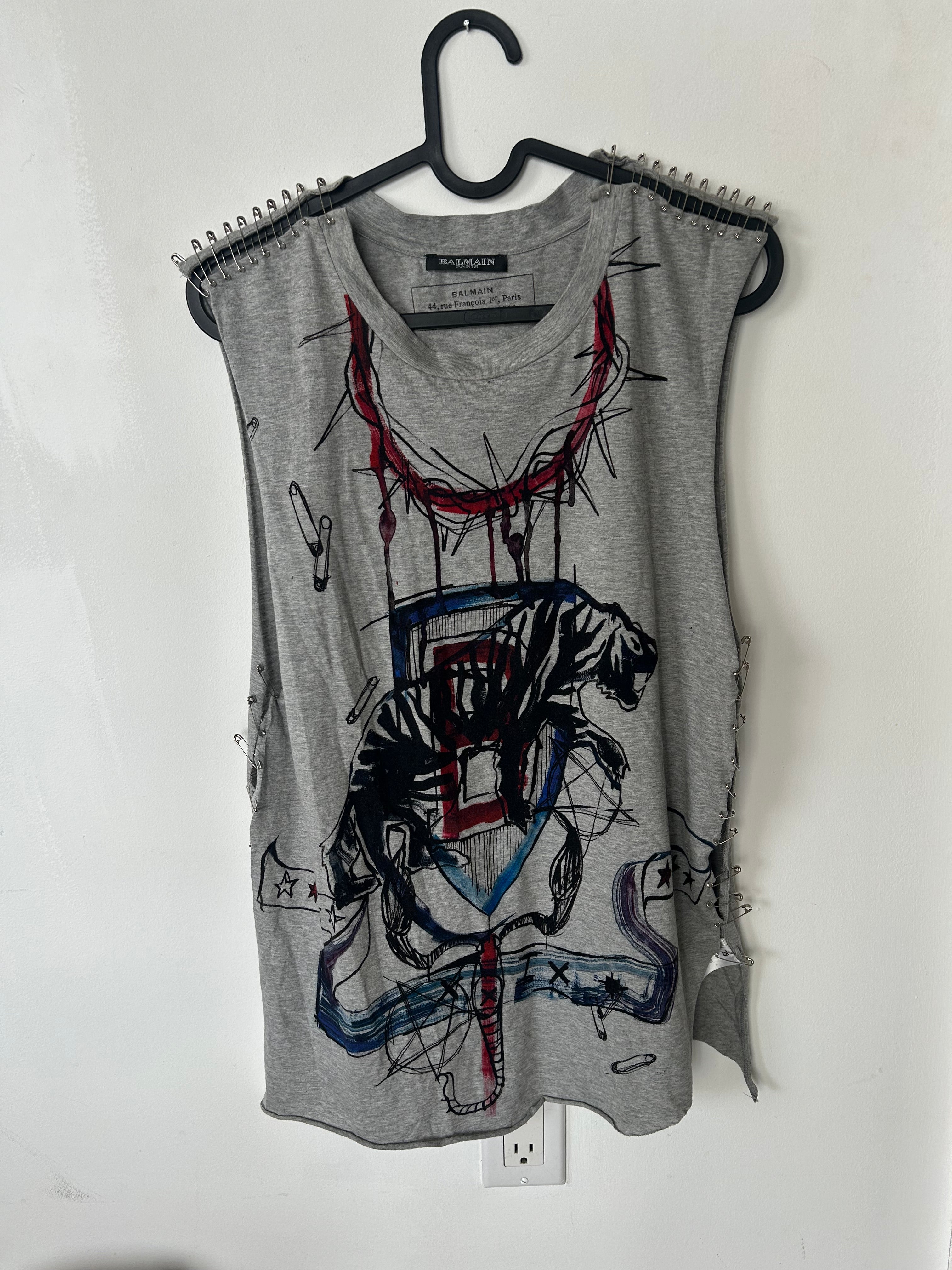 Balmain SS11 Graffiti Tiger Safety Pin Tank Top