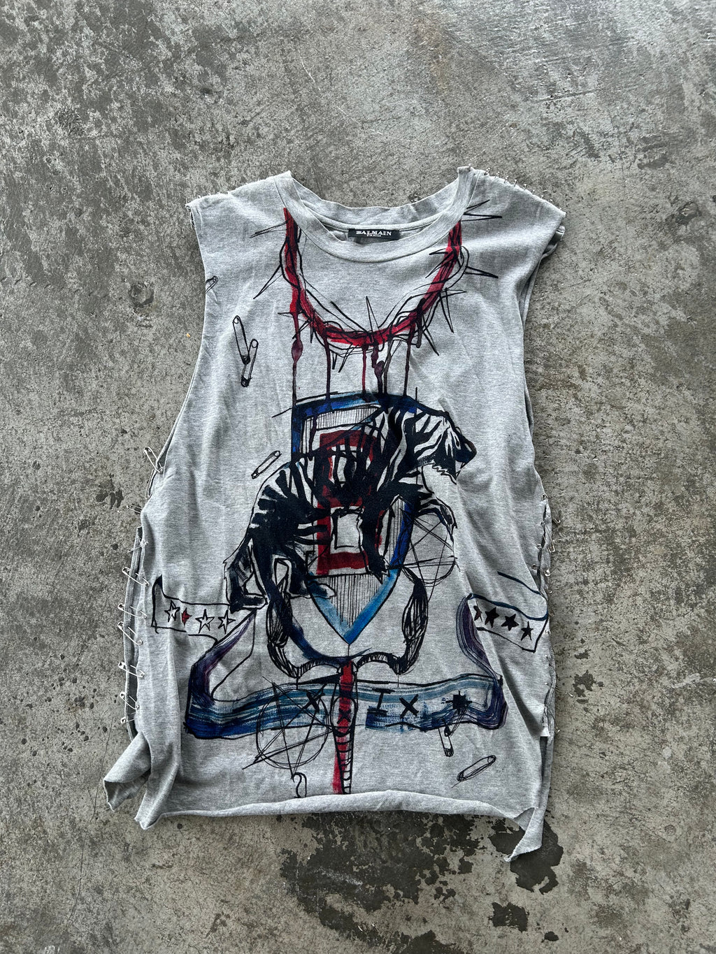 Balmain SS11 Graffiti Tiger Safety Pin Tank Top